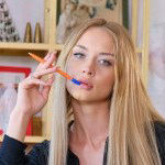 Solo blonde gal Loren is toying her shaved slit, in 4K